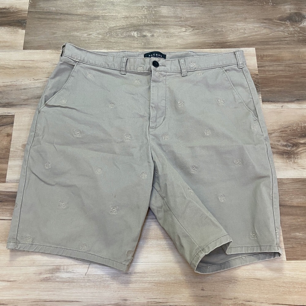 PacSun Chino Shorts Mens 36 Mushroom Embroidered Cotton Stretch Khaki Tan Casual